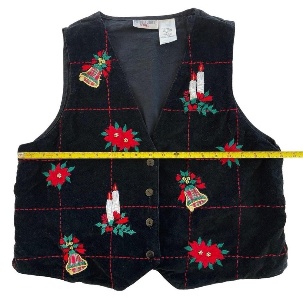 Vintage Victoria Jones Petites Black Velvet Embroidered Christmas Holiday Vest - Picture 3 of 7